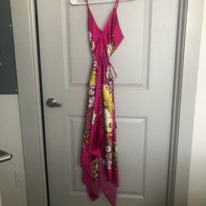 Hawaiian Tropical Magenta Chinoiserie Silk Satin Maxi Dress